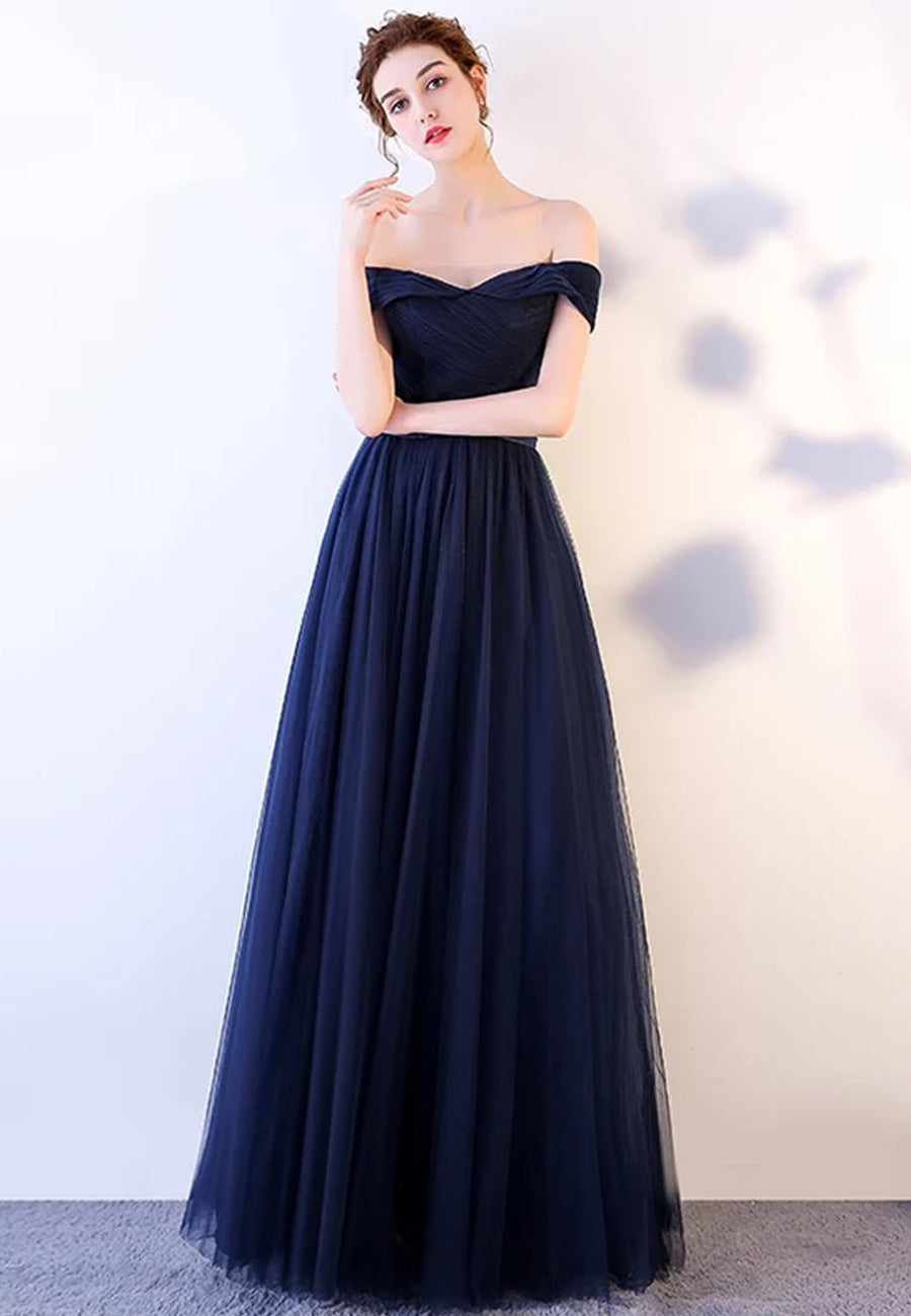 solvbao Blue Tulle Long Prom Dresses, A-Line Evening Dresses