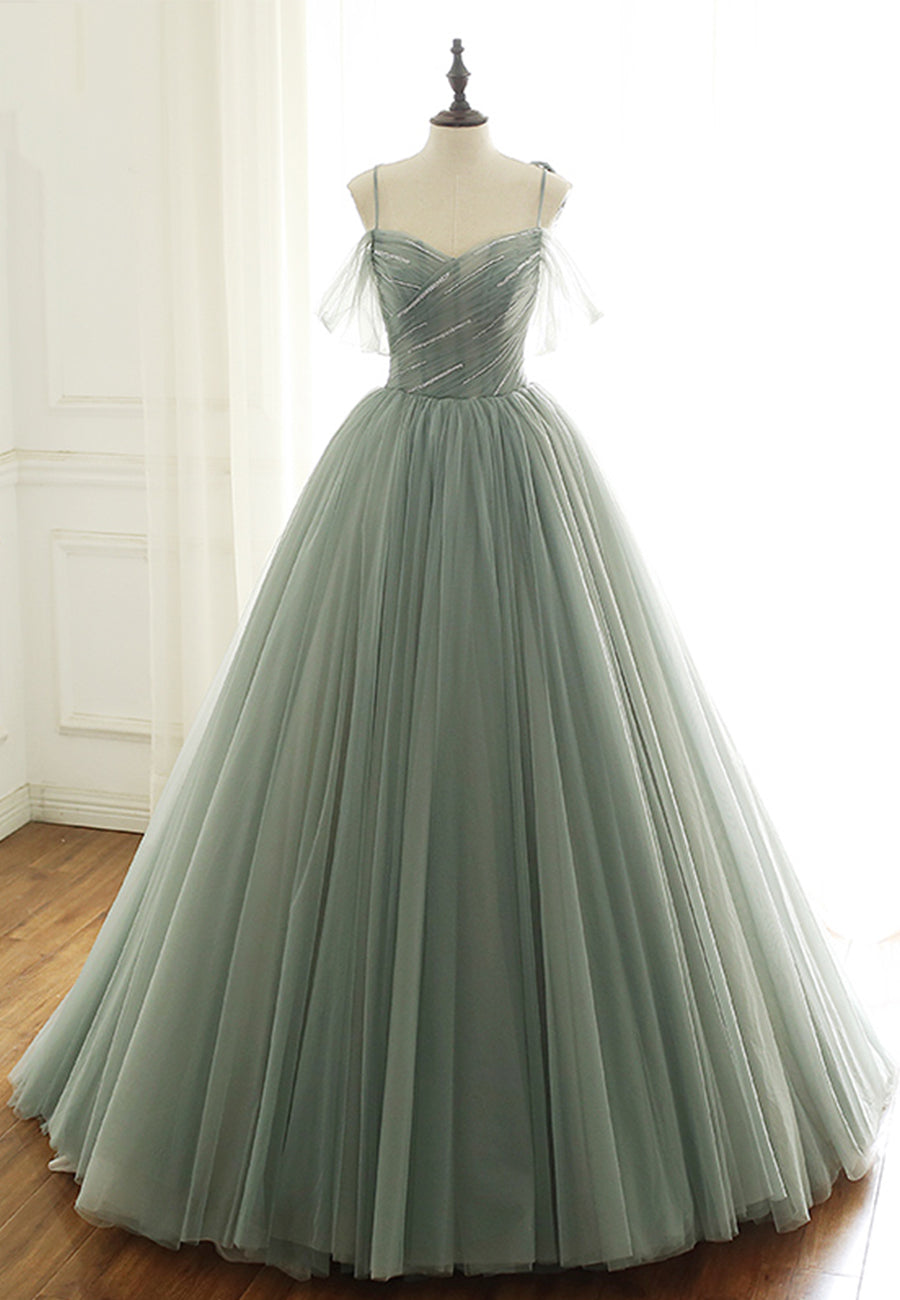 solvbao Green Tulle Long Prom Dresses, A-Line Spaghetti Straps Evening Dresses