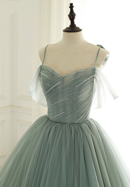 solvbao Green Tulle Long Prom Dresses, A-Line Spaghetti Straps Evening Dresses