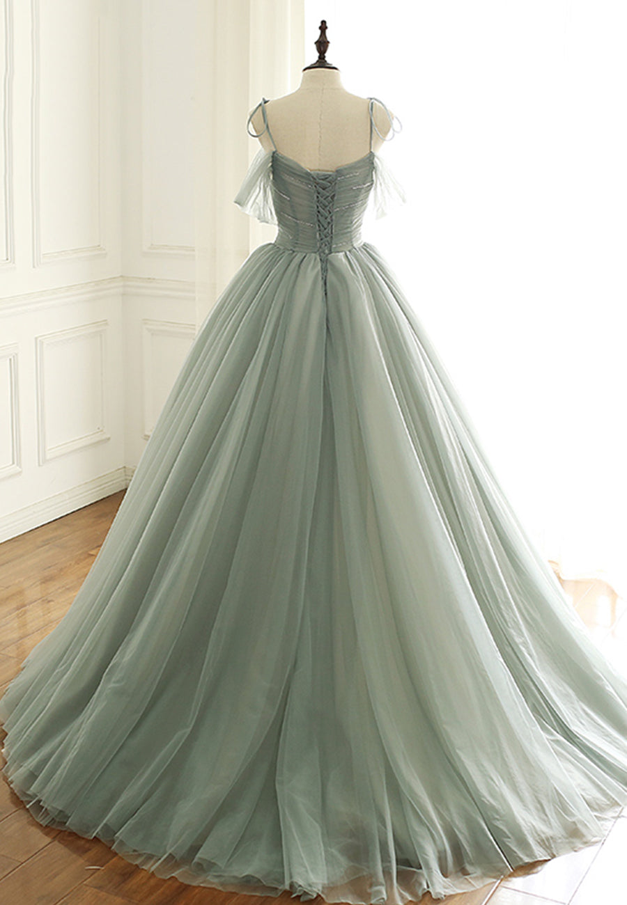 solvbao Green Tulle Long Prom Dresses, A-Line Spaghetti Straps Evening Dresses