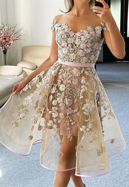 solvbao Cute Lace Short A-Line Prom Dresses, Champagne Evening Dresses