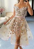 solvbao Cute Lace Short A-Line Prom Dresses, Champagne Evening Dresses