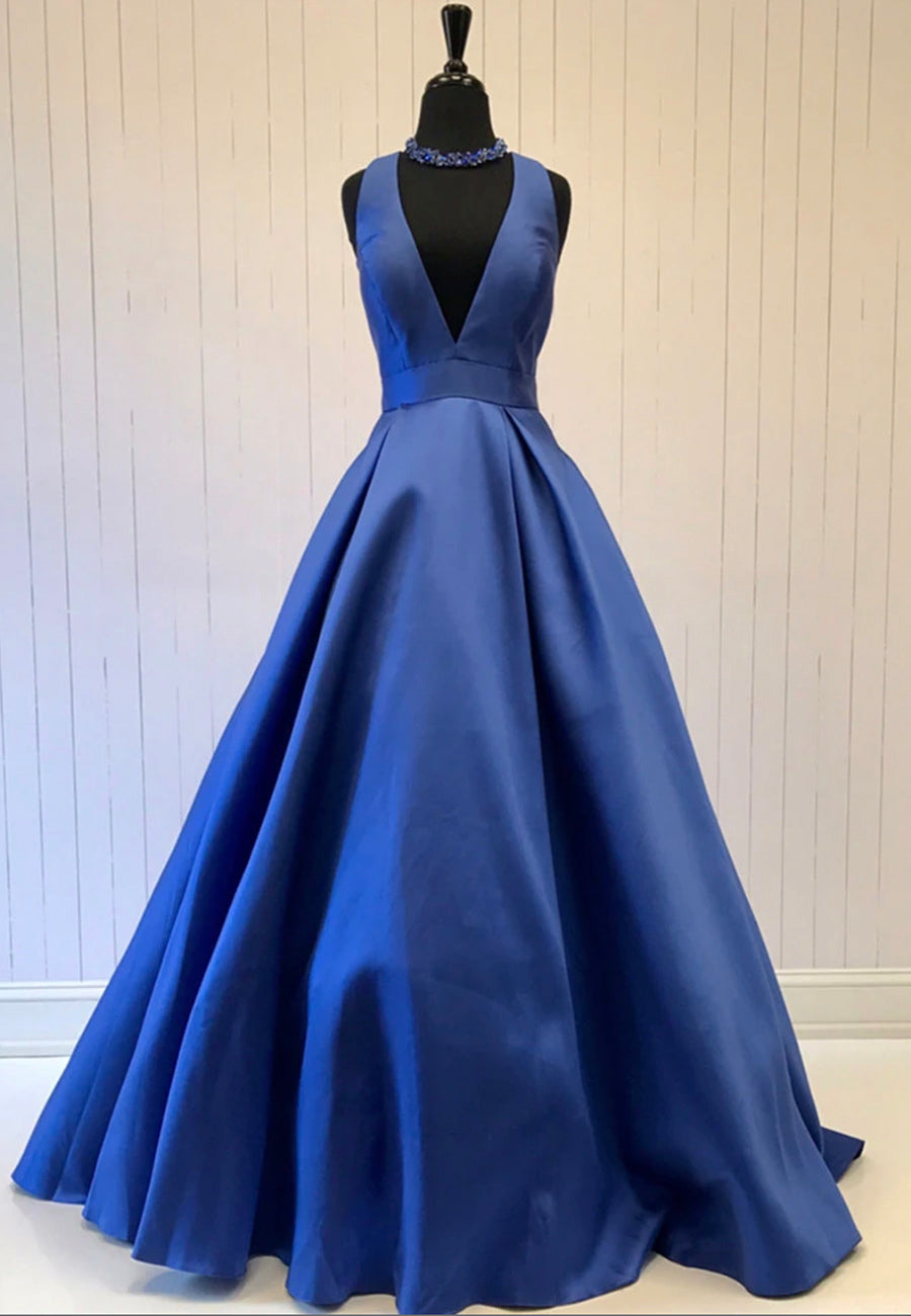 solvbao Blue V-Neck Saitn Long Prom Dresses, A-Line Evening Dresses