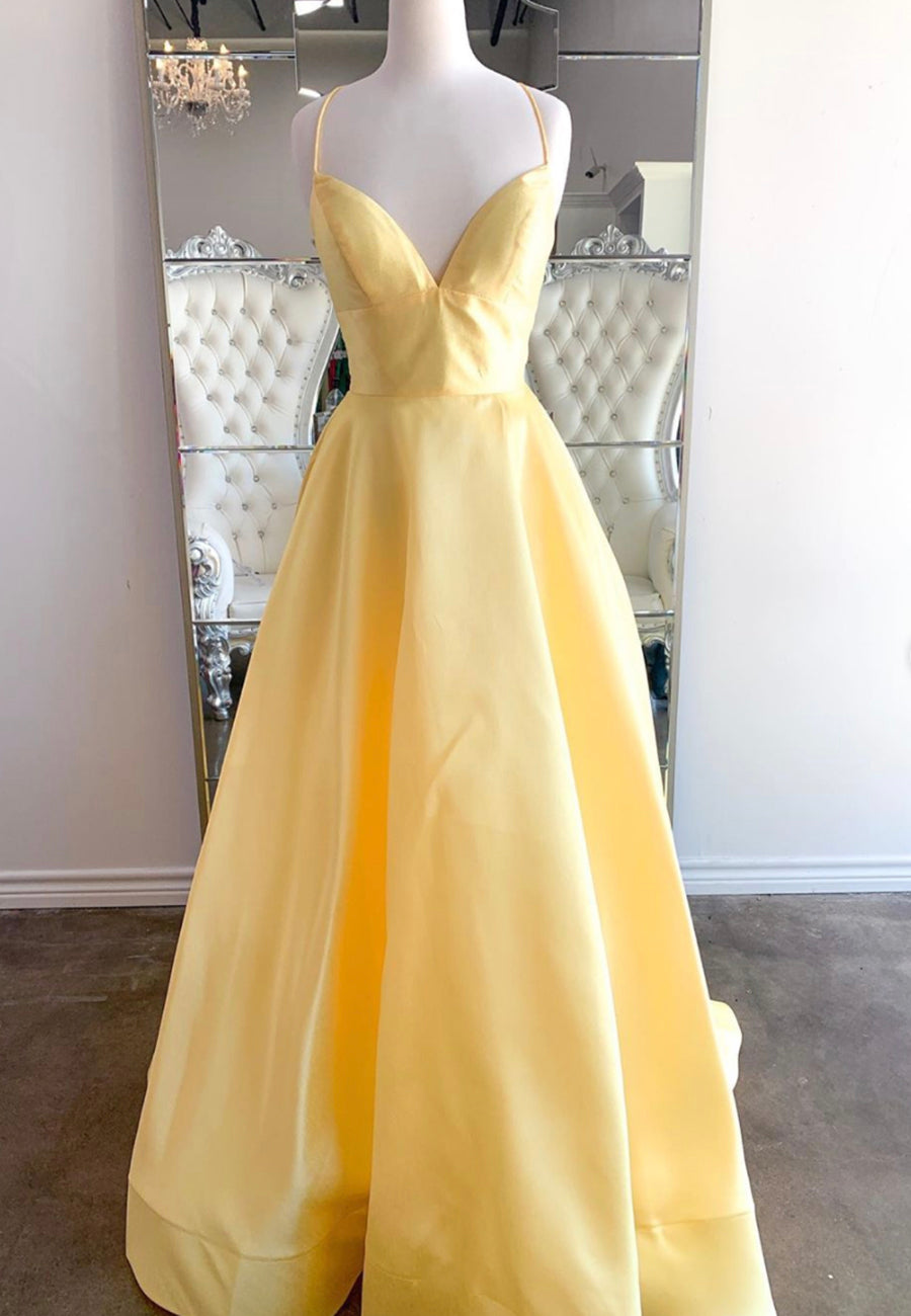 solvbao Yellow Satin Long Prom Dresses, A-Line Backless Evening Dresses