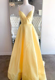 solvbao Yellow Satin Long Prom Dresses, A-Line Backless Evening Dresses