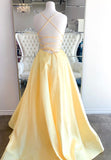 solvbao Yellow Satin Long Prom Dresses, A-Line Backless Evening Dresses