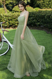 solvbao Green Spaghetti Strap Tulle Long Prom Dress, A-Line Evening Party Dress