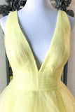 solvbao Yellow V-Neck Tulle Long Prom Dresses, A-Line Evening Dresses