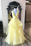 solvbao Yellow V-Neck Tulle Long Prom Dresses, A-Line Evening Dresses