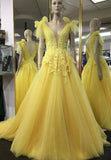 solvbao Yellow V-Neck Lace Long Prom Dresses, A-Line Evening Dresses