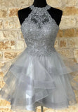 solvbao Grey Lace Short Prom Dresses, A-Line Homecoming Dresses