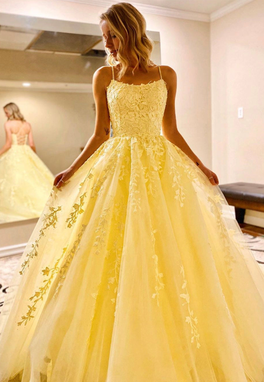 solvbao Yellow Lace Long Prom Dresses, A-Line Evening Dresses