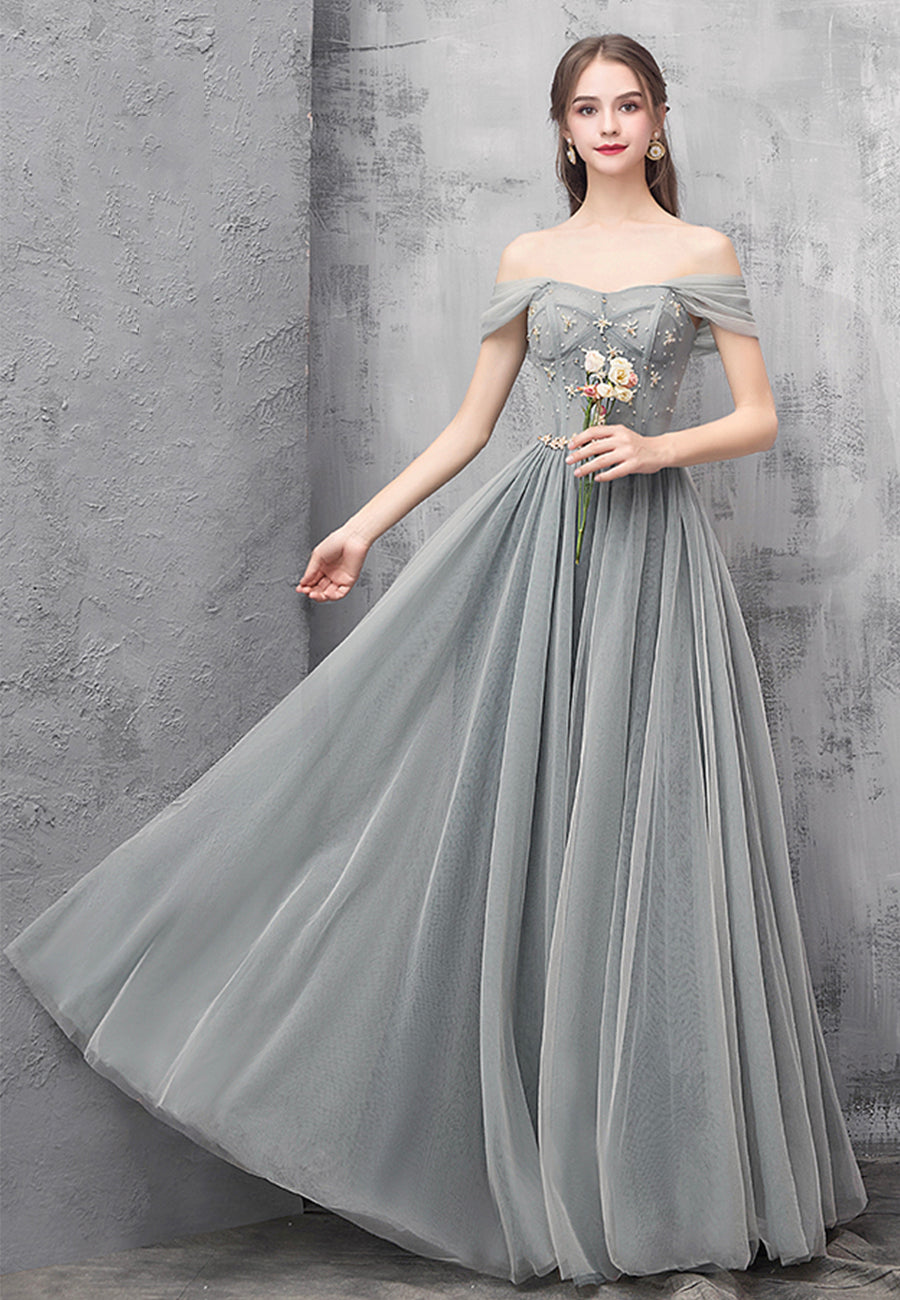 solvbao A-Line Tulle Long Prom Dresses, Off the Shoulder Evening Dresses