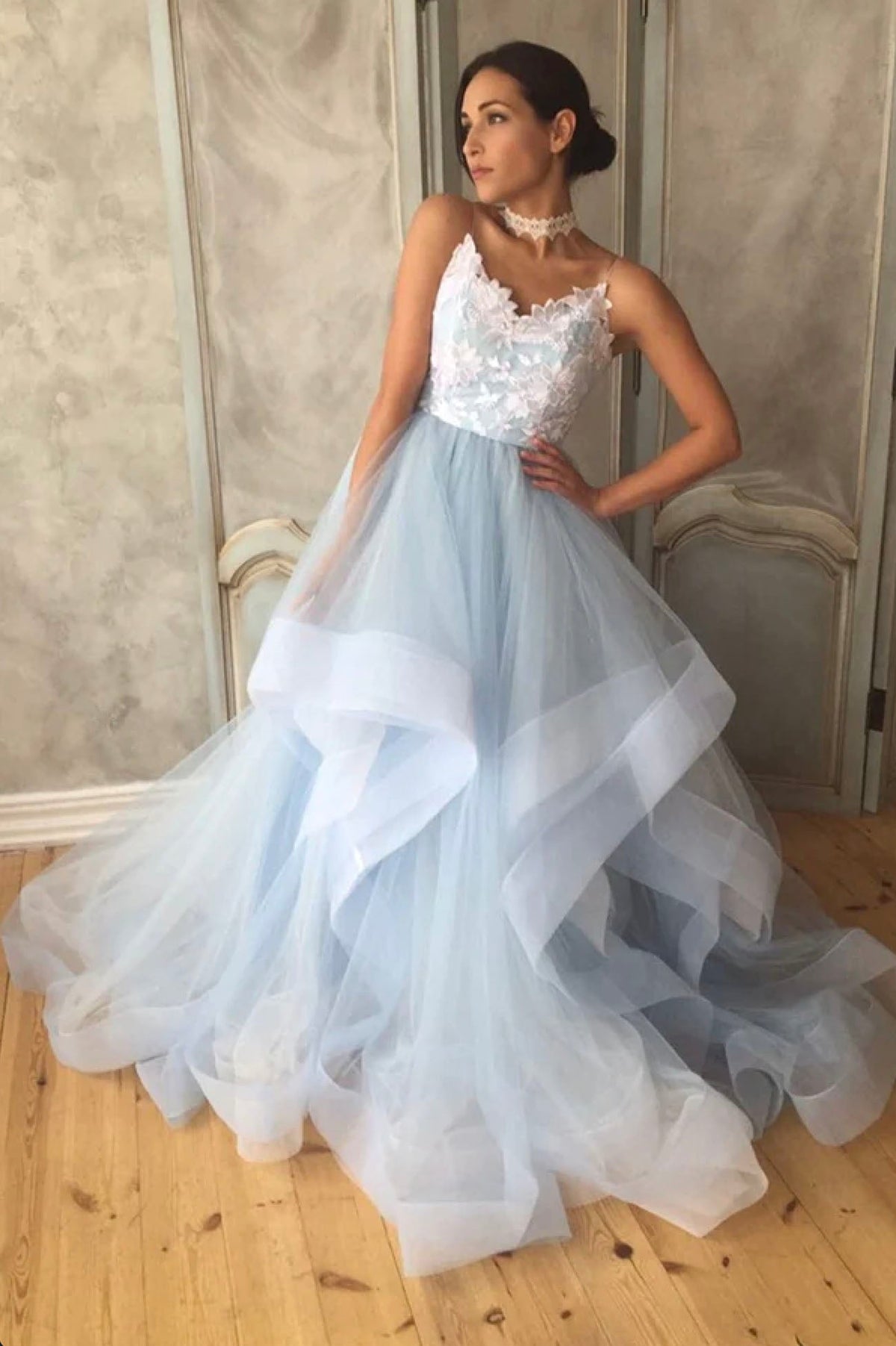 solvbao Blue Tulle Lace Long Prom Dress, A-Line Backless Evening Dress