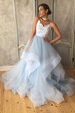 solvbao Blue Tulle Lace Long Prom Dress, A-Line Backless Evening Dress