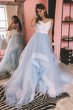 solvbao Blue Tulle Lace Long Prom Dress, A-Line Backless Evening Dress