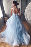 solvbao Blue Tulle Lace Long Prom Dress, A-Line Backless Evening Dress