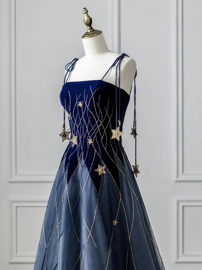 solvbao Blue Spaghetti Strap Velvet Long Prom Dress with Star, Blue Evening Dress Party Dress