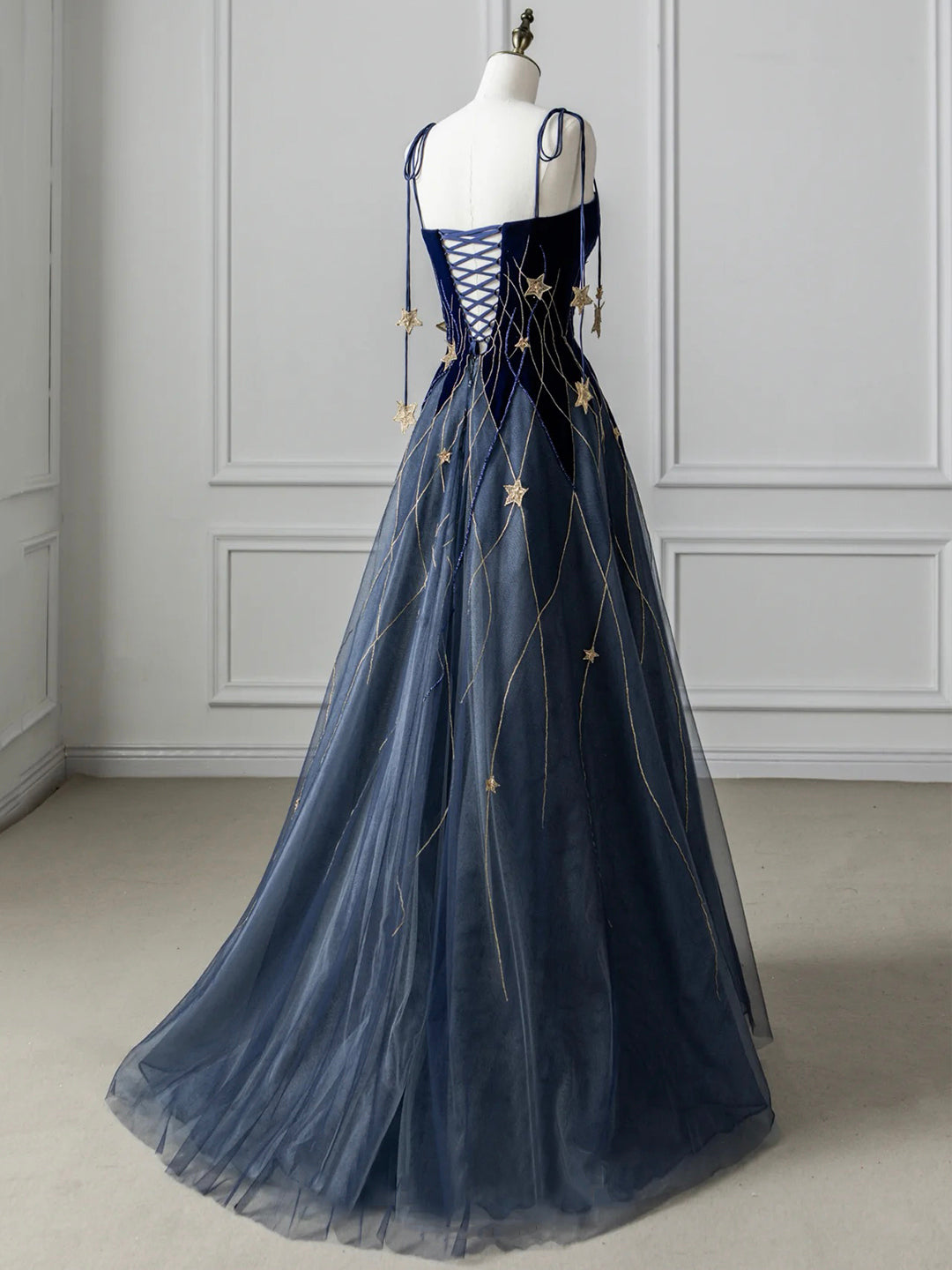 solvbao Blue Spaghetti Strap Velvet Long Prom Dress with Star, Blue Evening Dress Party Dress
