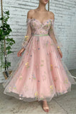 solvbao Pink Lace Long Sleeve Prom Dres, Cute A-Line Off the Shoulder Evening Dress