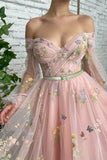 solvbao Pink Lace Long Sleeve Prom Dres, Cute A-Line Off the Shoulder Evening Dress