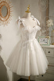 solvbao Champagne Tulle Lace Knee Length Prom Dress, Cute A-Line Party Dress