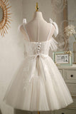 solvbao Champagne Tulle Lace Knee Length Prom Dress, Cute A-Line Party Dress