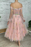 solvbao Pink Lace Long Sleeve Prom Dres, Cute A-Line Off the Shoulder Evening Dress