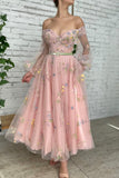 solvbao Pink Lace Long Sleeve Prom Dres, Cute A-Line Off the Shoulder Evening Dress