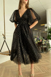 solvbao Black Tulle Short A-Line Prom Dress, Lovely Puff Sleeve Evening Dress