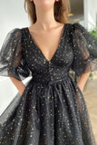 solvbao Black Tulle Short A-Line Prom Dress, Lovely Puff Sleeve Evening Dress