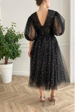 solvbao Black Tulle Short A-Line Prom Dress, Lovely Puff Sleeve Evening Dress