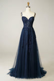 solvbao Navy Tulle and Lace Long Prom Dress, Lovely Spaghetti Strap Evening Dress