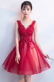 solvbao A-Line Tulle Short Prom Dress, V-Neck Lace Mini Party Dress