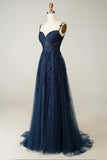 solvbao Navy Tulle and Lace Long Prom Dress, Lovely Spaghetti Strap Evening Dress