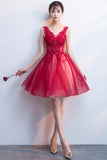 solvbao A-Line Tulle Short Prom Dress, V-Neck Lace Mini Party Dress