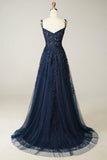 solvbao Navy Tulle and Lace Long Prom Dress, Lovely Spaghetti Strap Evening Dress