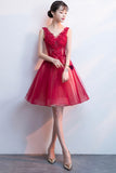 solvbao A-Line Tulle Short Prom Dress, V-Neck Lace Mini Party Dress