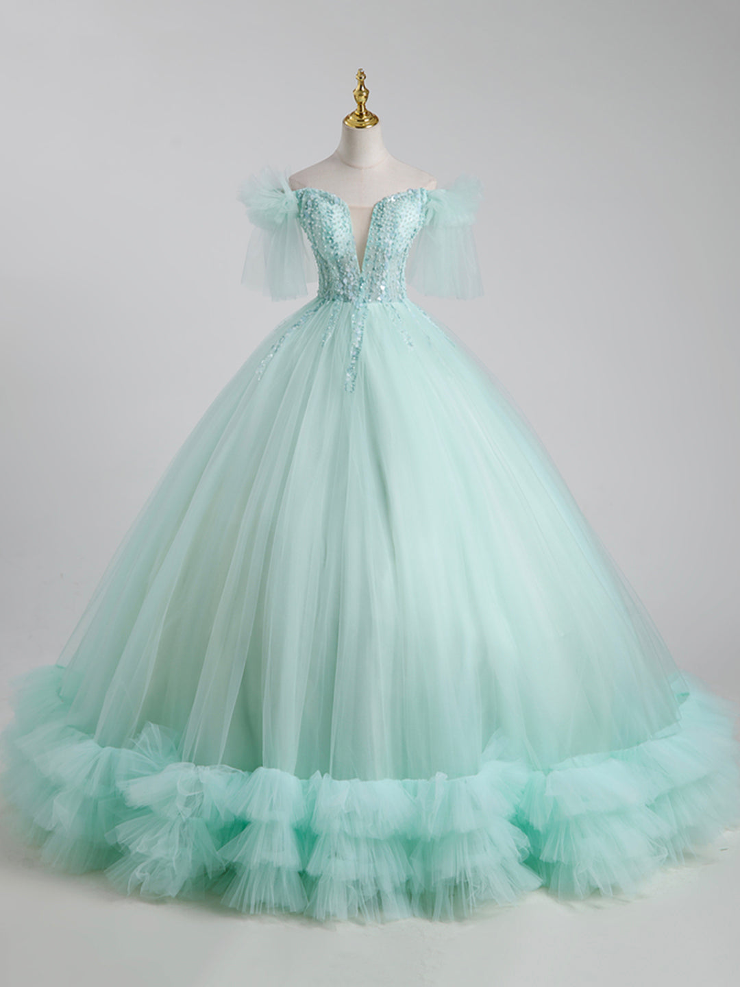 solvbao Beautiful Tulle Sequins Long Ball Gown, A-Line Tulle Sweet 16 Dress