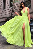 solvbao Green Chiffon Long A-Line Prom Dress, Simple V-Neck Evening Dress