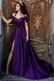 solvbao Purple Satin Long A-Line Prom Dress, Off the Shoulder Evening Dress with Slit