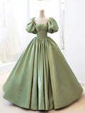 solvbao Green Satin Formal Evening Gown with  Puff Sleeve, A-Line Long Prom Dress