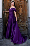 solvbao Purple Satin Long A-Line Prom Dress, Off the Shoulder Evening Dress with Slit