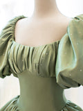 solvbao Green Satin Formal Evening Gown with  Puff Sleeve, A-Line Long Prom Dress