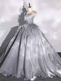 solvbao Gray Strapless Tulle Long Ball Gown, A-Line Evening Dress Formal Dress