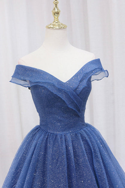 solvbao Blue Off the Shoulder Long Party Dress Evening Gown, Blue Junior Prom Dress