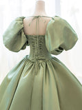 solvbao Green Satin Formal Evening Gown with  Puff Sleeve, A-Line Long Prom Dress