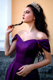 solvbao Purple Satin Long A-Line Prom Dress, Off the Shoulder Evening Dress with Slit