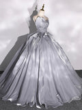 solvbao Gray Strapless Tulle Long Ball Gown, A-Line Evening Dress Formal Dress