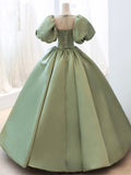 solvbao Green Satin Formal Evening Gown with  Puff Sleeve, A-Line Long Prom Dress